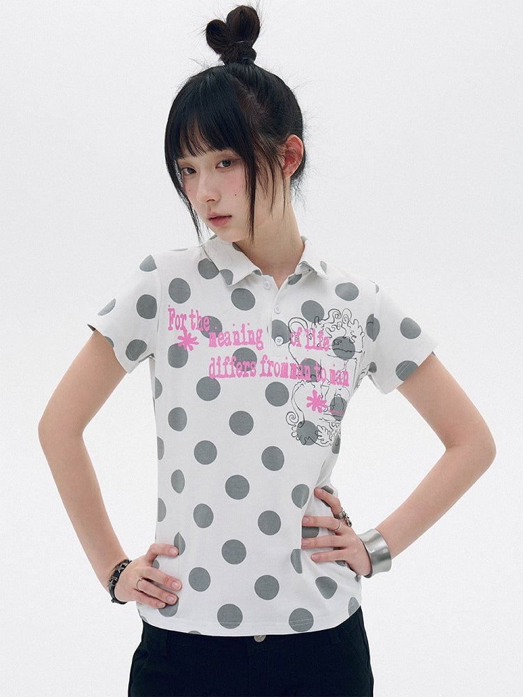 White Gray Polka Dot Polo Shirt with Letter Print - innomoood