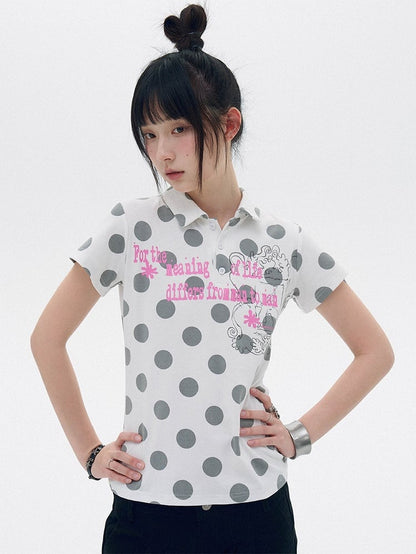 White Gray Polka Dot Polo Shirt with Letter Print - innomoood
