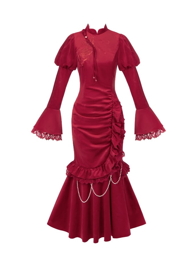 取り外し可能なビーズチェーン付き、赤い新年の蝶のマーメイドヘムチャイナドレス