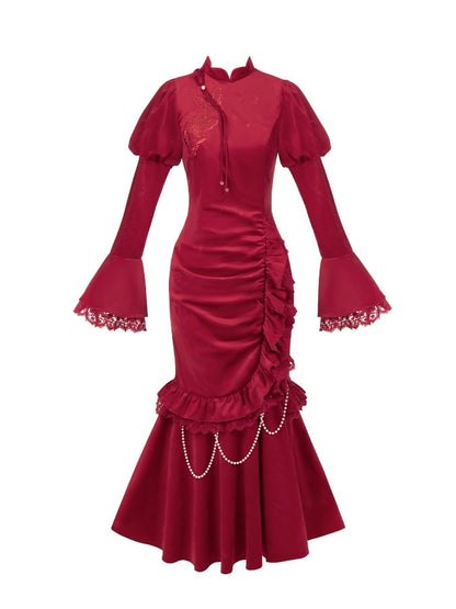 取り外し可能なビーズチェーン付き、赤い新年の蝶のマーメイドヘムチャイナドレス