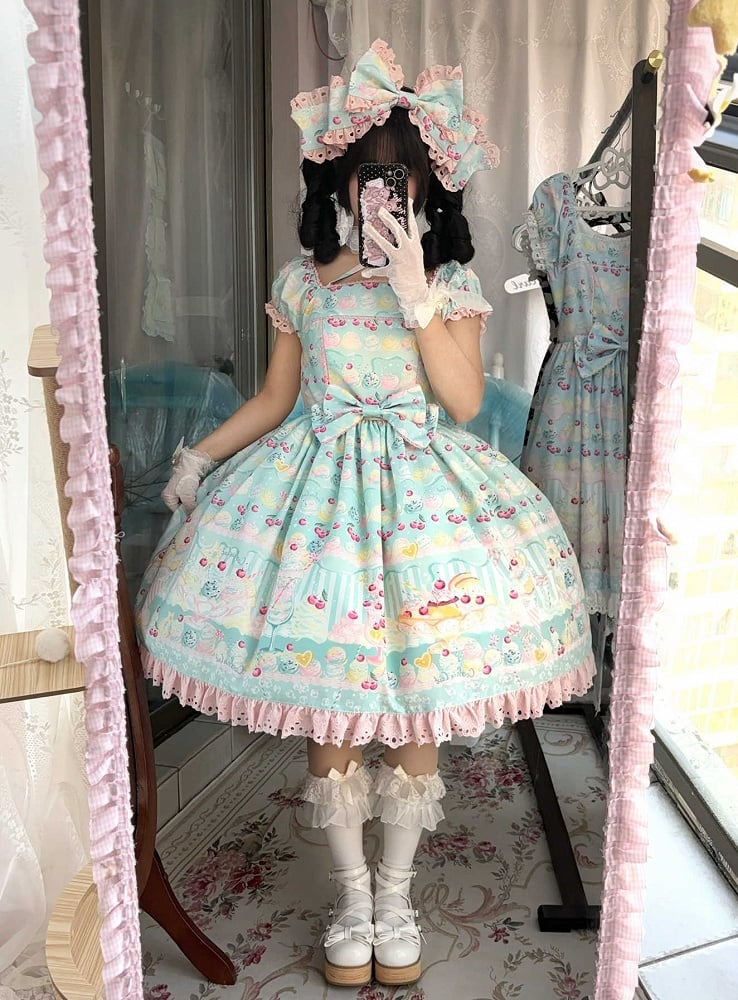 Eiskleid Creme Kirsche Druck und Lolita Sommer Grün Süß