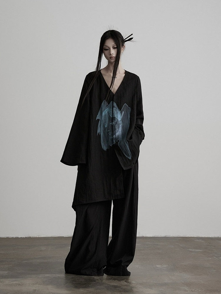 Asymmetric V-Neck Long Sleeve Top with Figure Print - INDULGE