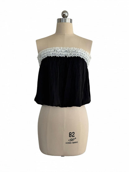 Gothic Black Strapless Bubble Hem Top with Lace Trim Accents - Damn Girl