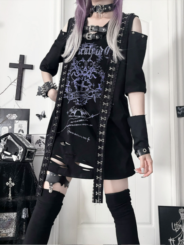 Cross Short Straps with Sleeve Drop Print Black Lace Shoudler Gothic Trimmed Blue T-shirt