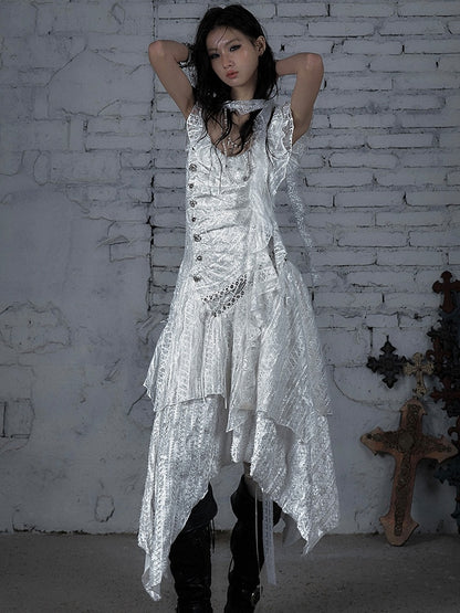 Punk Handkerchief Wasteland White Hem Lace-up Sleeveless Design Dress