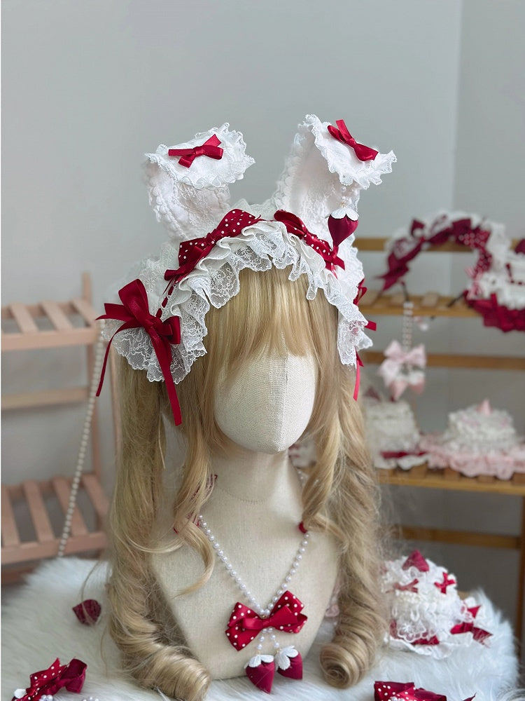White Floral Bunny Red Ear Lace Hairband