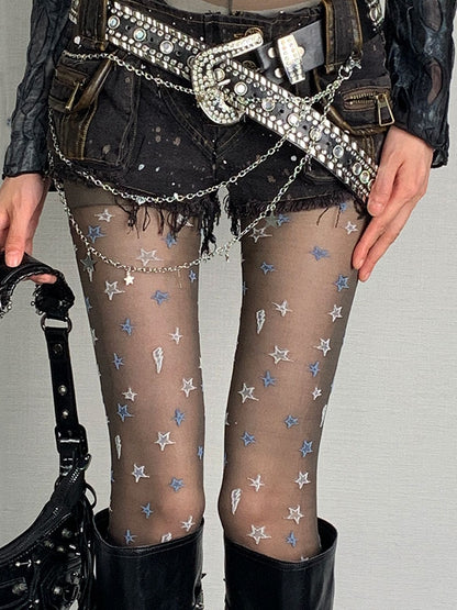 Lightning Tights Star Pattern Black Punk And