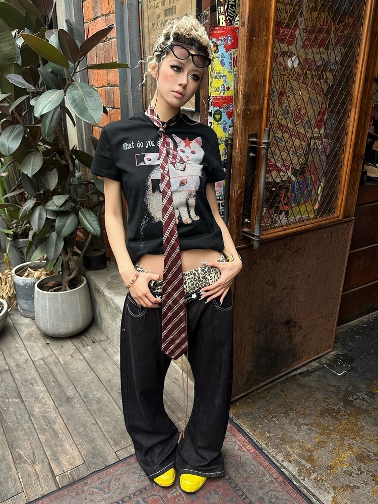 Rock Punk Leopard Print Double Waistband Curved-Leg Black Jeans - DETW OnLine