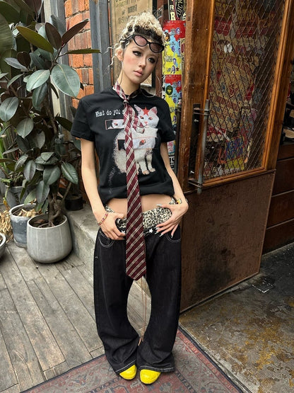 Rock Punk Leopard Print Double Waistband Curved-Leg Black Jeans - DETW OnLine