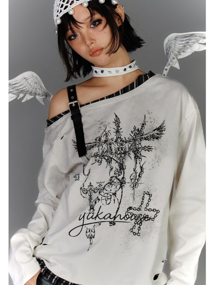 Y2K Apricot Asymmetrical Neckline Buckle Strap Glamorous Graphic Top