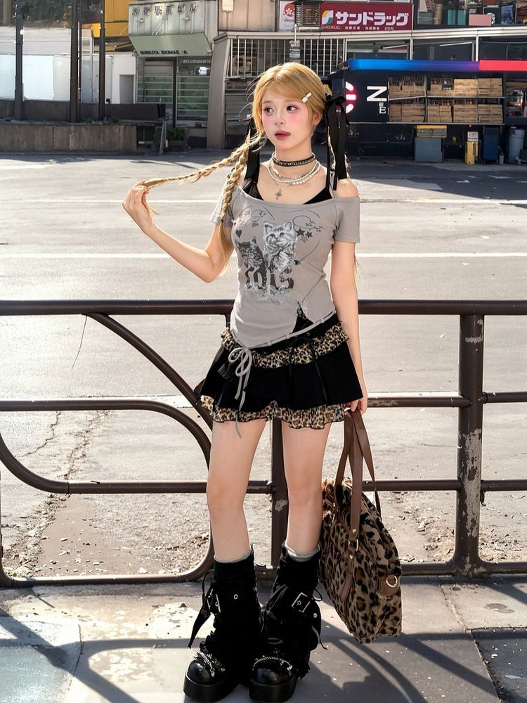 Two-pieces Hem Y2K Grey Cutout Shoulder Cat Print Drawstring T-Shirt Faux
