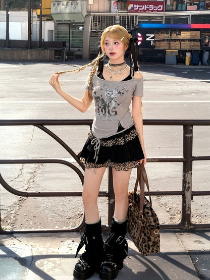 Two-pieces Hem Y2K Grey Cutout Shoulder Cat Print Drawstring T-Shirt Faux