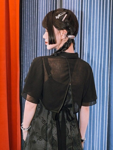 Chinese Gothic Black Cropped Top with Frog Buttons - Quirky Hut