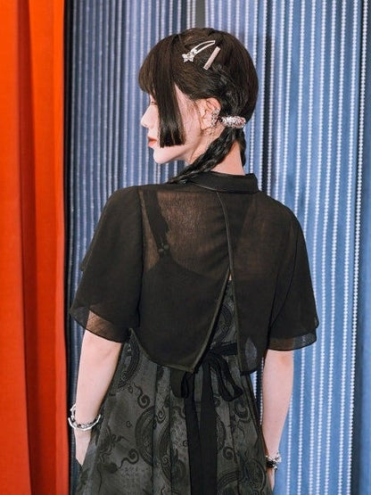 Chinese Gothic Black Cropped Top with Frog Buttons - Quirky Hut