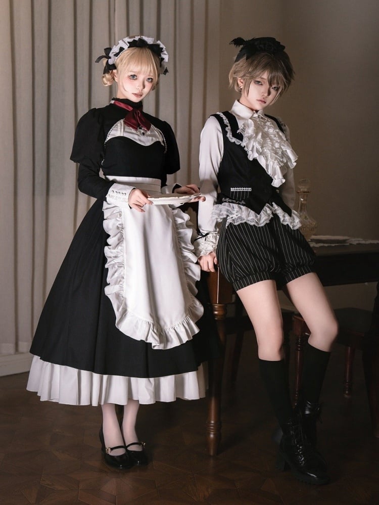 Maid Lolita Dress with Juliet Sleeves and Apron Waist in Black and White