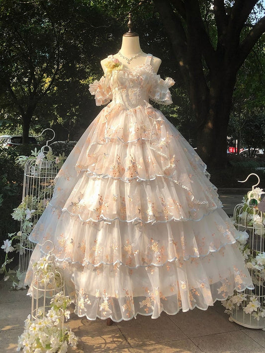 Wrist Full Painting-Inspired Apricot Lolita Skirt + Set Short Elegant Embroidered Cuffs Hanayome JSK - Oil Extension Large Floral Dress White Bow Brooch