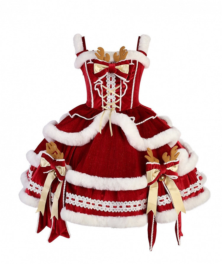 + Christmas Full White Sleeves Lolita Long Set Red Dress Cape Top