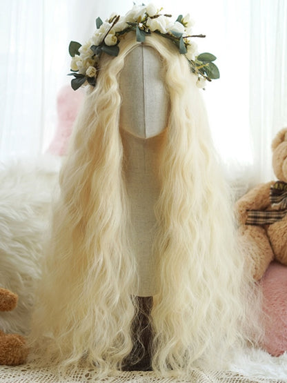 Hellblonde, hüftlange, lockige Perücke mit lockigem Vorhangpony