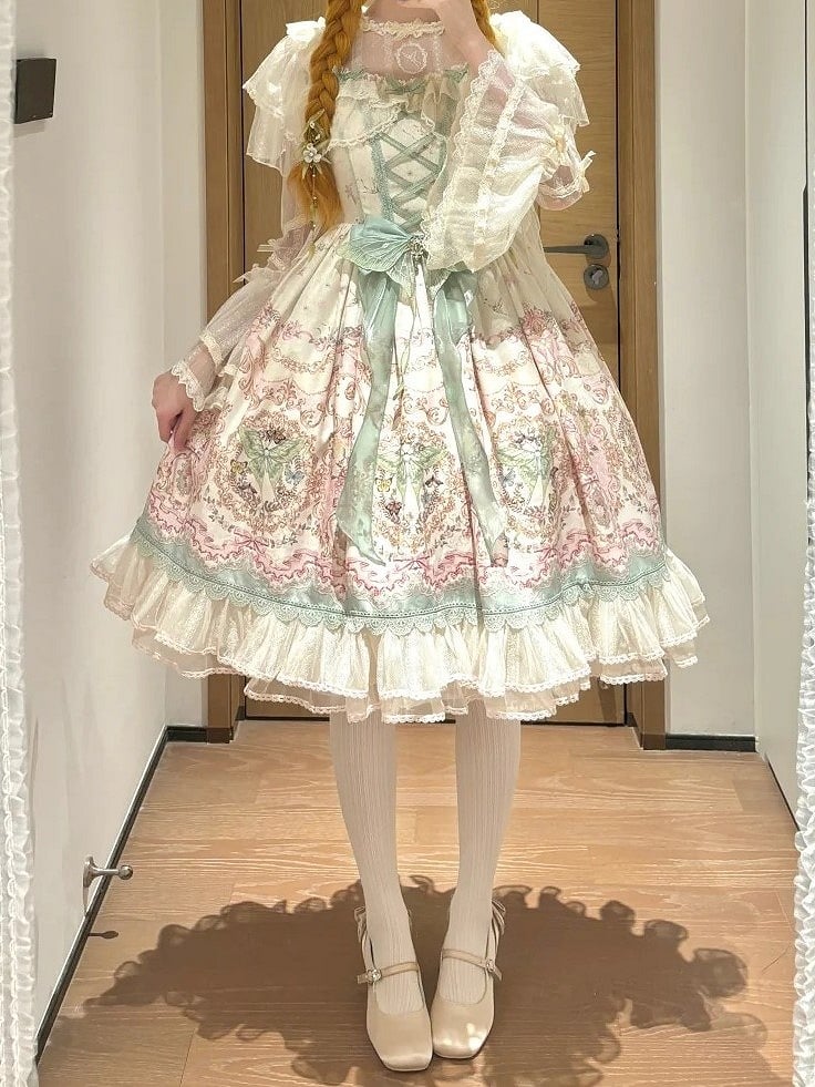 Floral Square Dress Lolita Elegant Moth Green and with Details Neckline Lace Pink Print