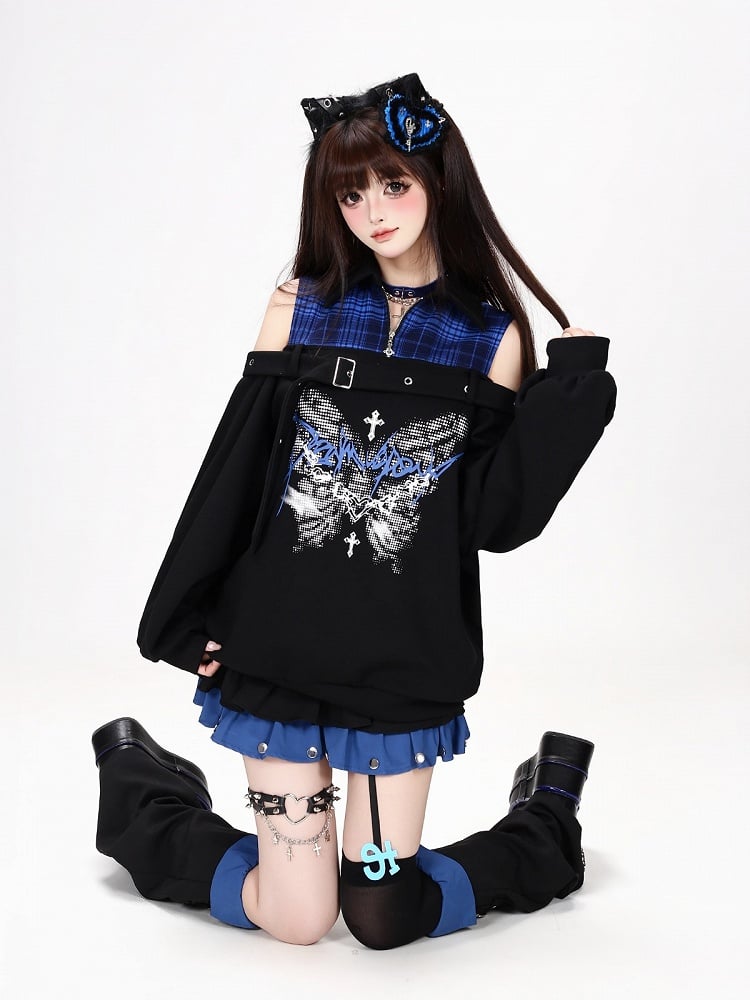 Hot Girl Style Cold Shoulder Sweatshirt with Pixel Butterfly Print in Blue and Black Plaid Faux Two-Piece - CRAZY GIRL
