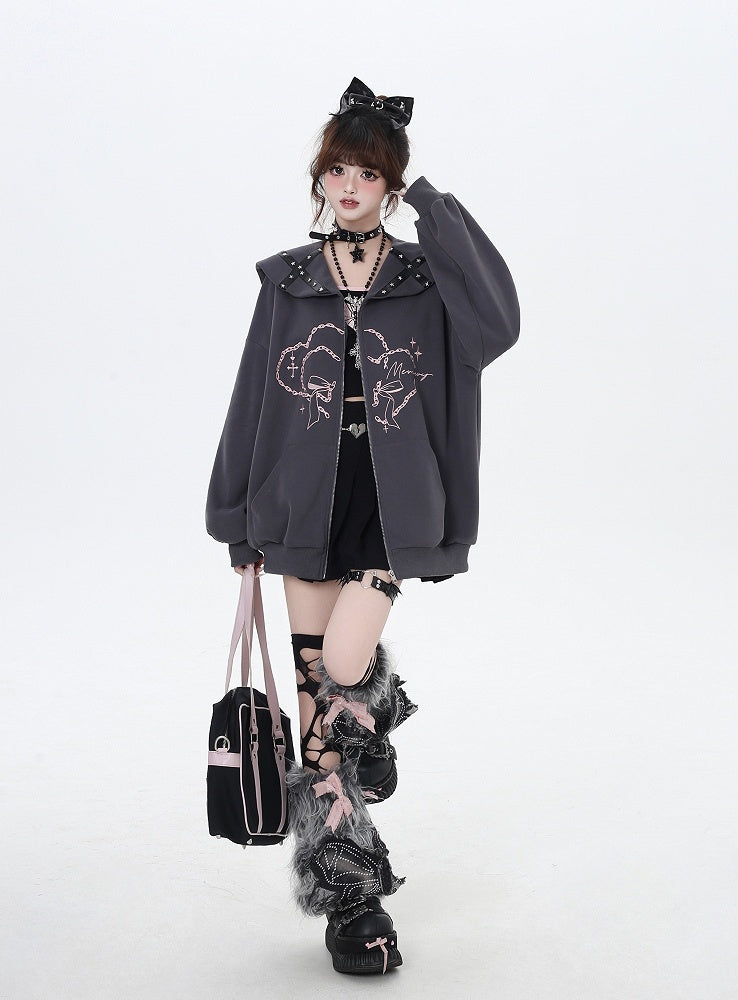 Pink/Gray Sailor Collar Zipper Closure Printed Jacket