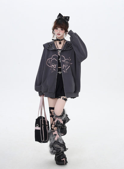 Pink/Gray Sailor Collar Zipper Closure Printed Jacket