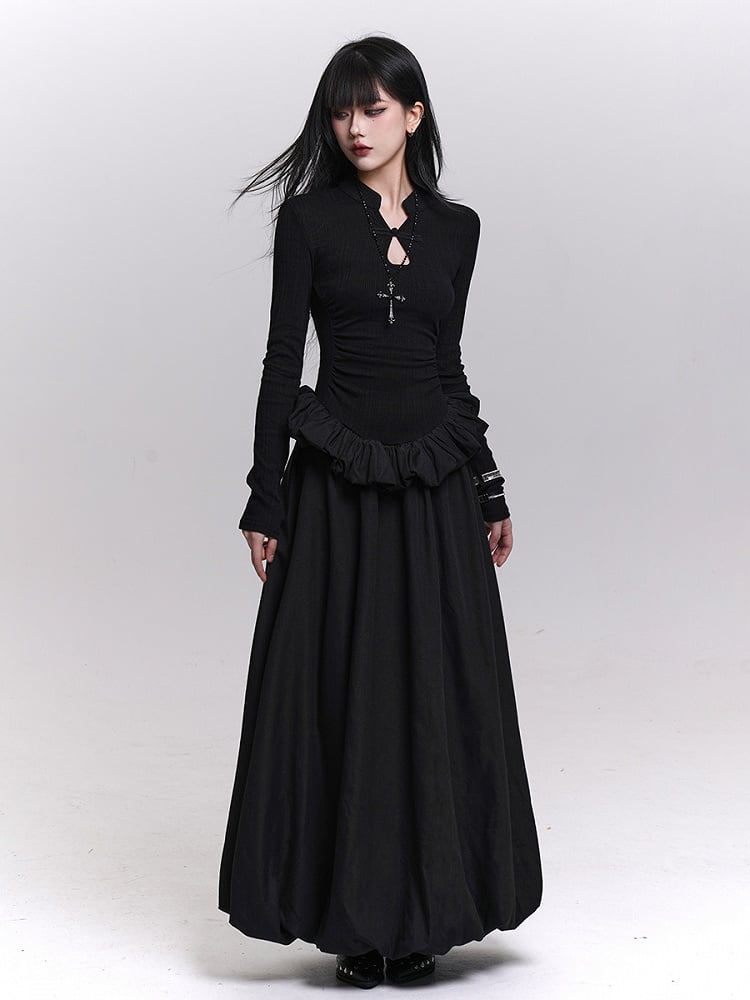 Black Knit Maxi Bubble Dress with Ruffled Hem