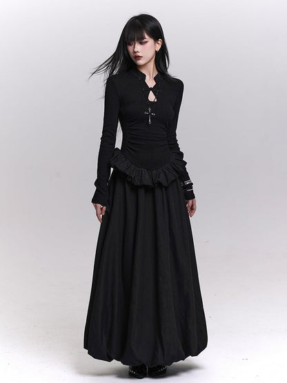 Black Knit Maxi Bubble Dress with Ruffled Hem