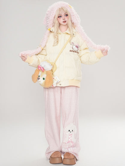 Hellgelbe, dicke Jacke mit abnehmbarem Matrosenkragen und Kätzchen-Print