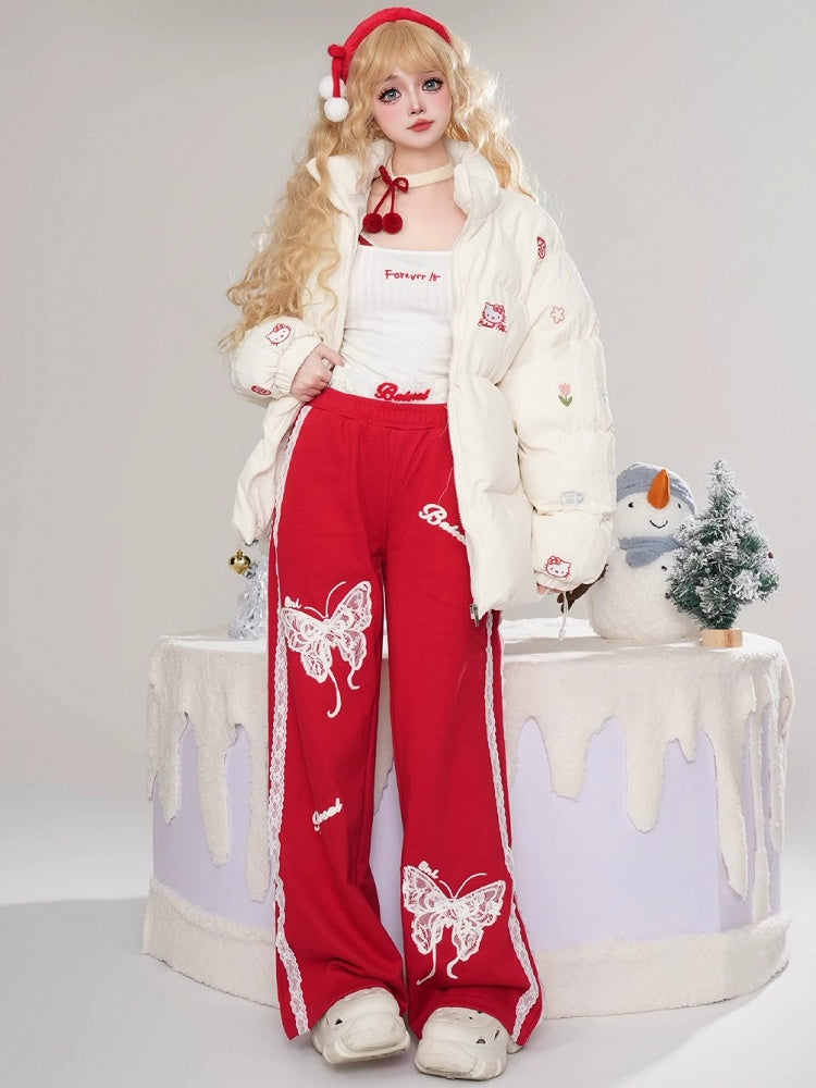 Schwarz/Rote Spitze Schmetterlinge Gerade Bein Schnitt Hose Spitze Trim