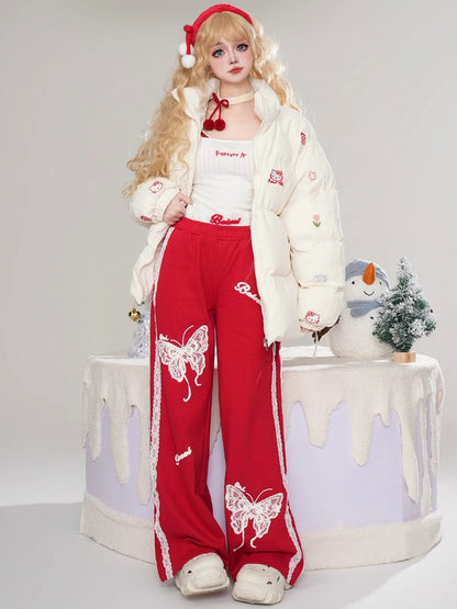 Schwarz/Rote Spitze Schmetterlinge Gerade Bein Schnitt Hose Spitze Trim