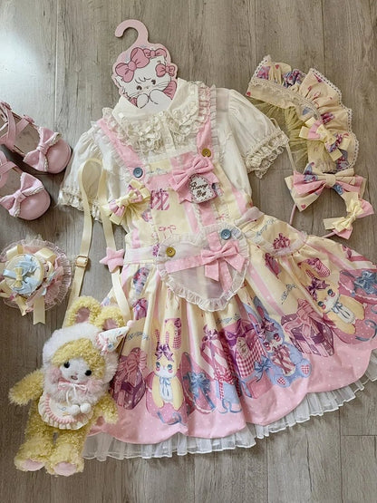 Dress Gift Sweet Yellow Box Print Overall Bunny and Lolita