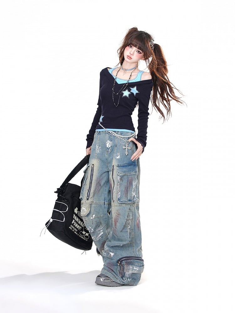 Black Blue/Black Red Rhinestone Star Glamorous Top