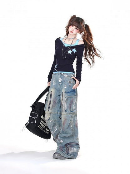 Black Blue/Black Red Rhinestone Star Glamorous Top