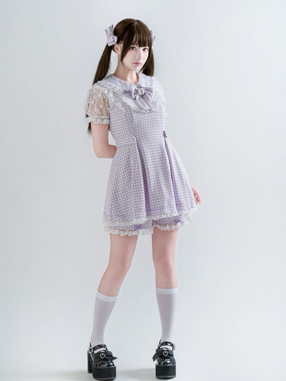 Purple & White Plaid Bow Lace Dress with Shorts - Ostslheep