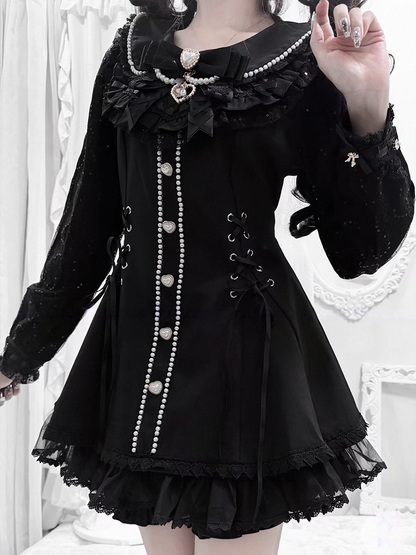 Black Jirai-Kei Lace Long Sleeve Dress with Bow & Bead Decorations + Shorts - AOSpace