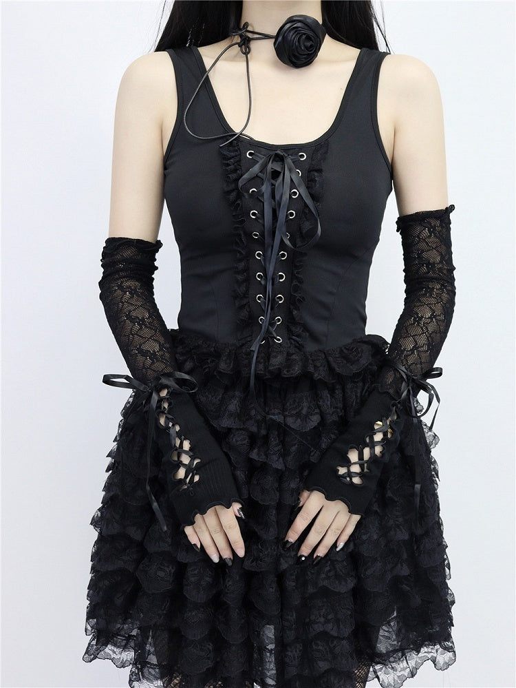 with Lace Style Sleeves Black/White Lolita Ballet Lace-up Design Arm