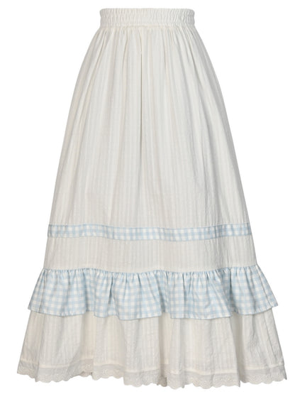 ホワイトハイウエストレーストリムスウィートスカートチェック柄パッチワーク