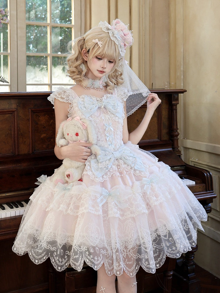 Pink Multi-Layer Lace Trim Lolita JSK with Bow and Bead Chain Decorations - White Sugar Girl