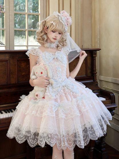 Pink Multi-Layer Lace Trim Lolita JSK with Bow and Bead Chain Decorations - White Sugar Girl