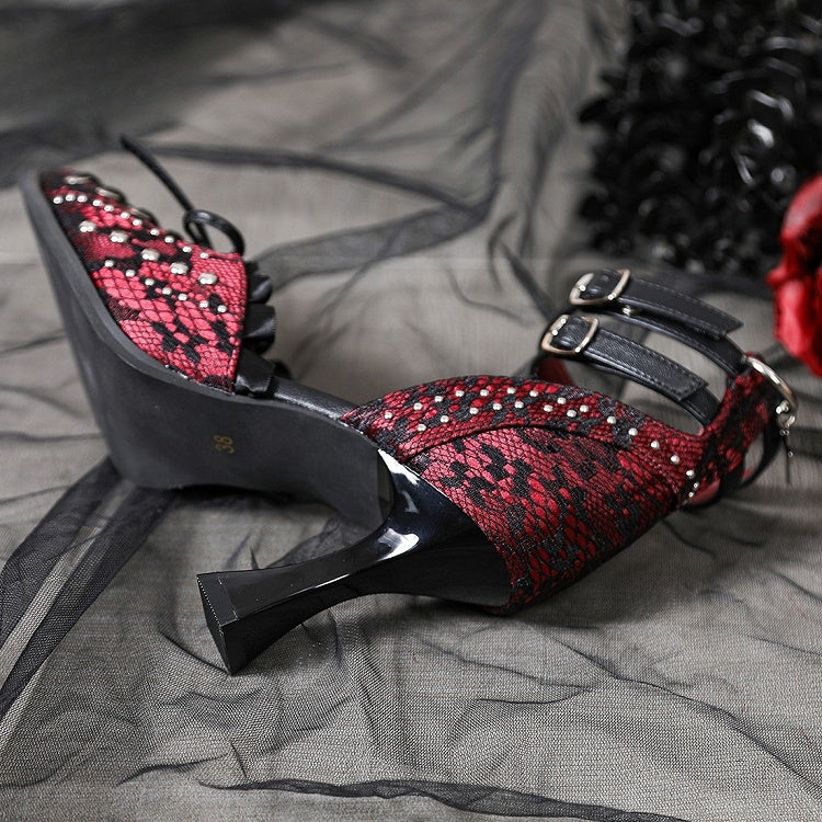 Studded Details Pointed - Cross Lacing Toe High Heels Accents with Gothic Red