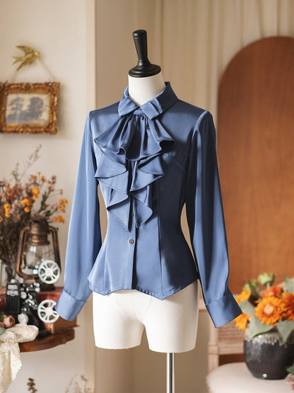 Elegant Satin Fitted with Long Jabot Sleeves Tie Blue Shirt