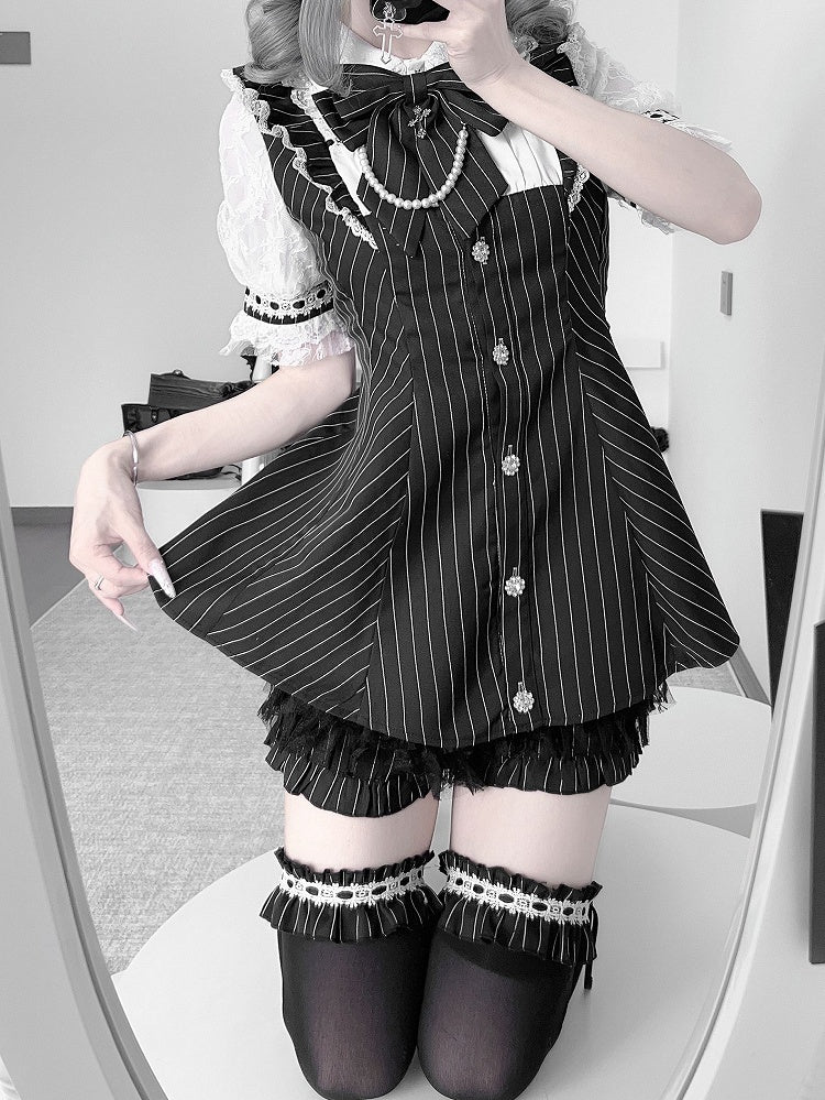 Minikleid + Shorts, Illusion-Ausschnitt mit Schnürung am Rücken + schwarz gestreiftes Jirai Kei-Set – Fliege