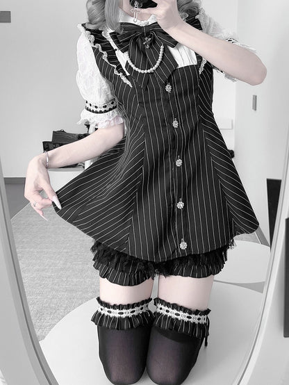 Minikleid + Shorts, Illusion-Ausschnitt mit Schnürung am Rücken + schwarz gestreiftes Jirai Kei-Set – Fliege