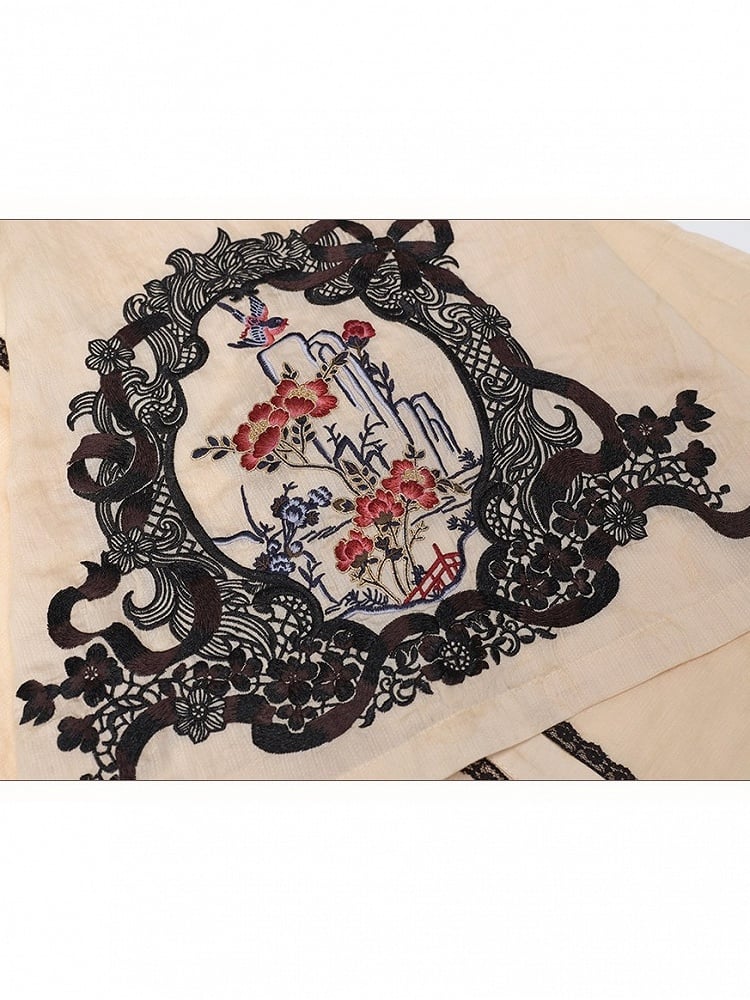 Beige Cheongsam Lolita Long Sleeve Embroidered Shirt - Yimu Walnut