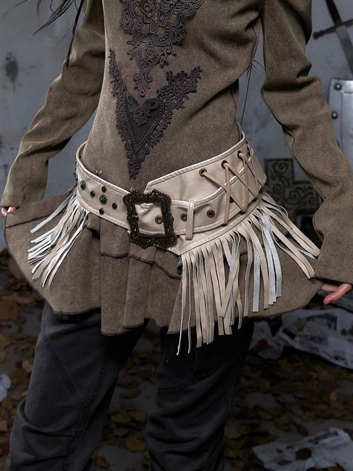 Fringes Lacing with Punk Waist Belt Vintage Crisscross Studded PU Khaki