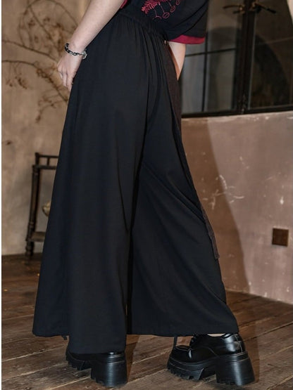Chinese Print Gothic Black Drawstring Cuffs Talisman Red Pants Sash Wide-leg And With