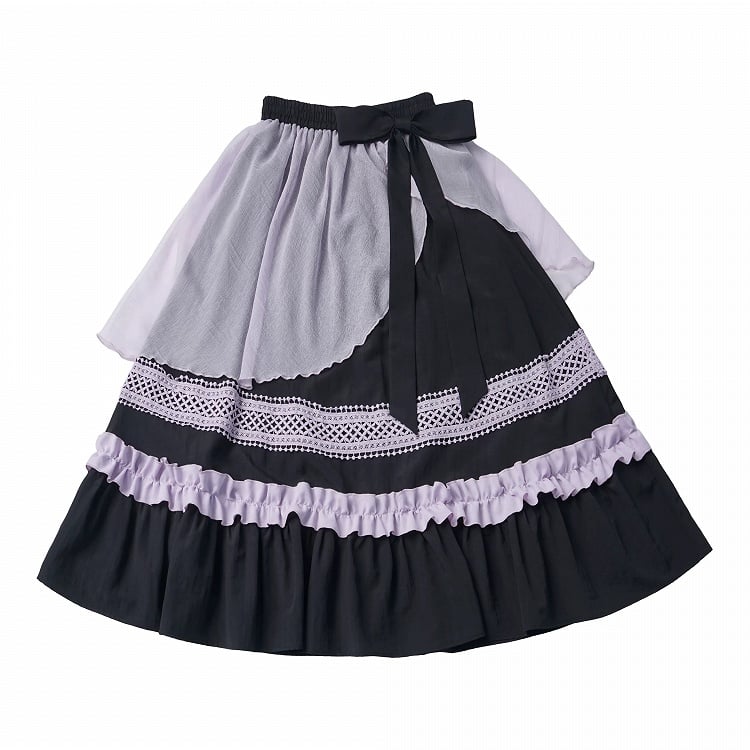 Long Asymmetrical Tulle Skirt in Black & Purple with Lace, Ruffle Trim & Bow - PINK SAVIOR