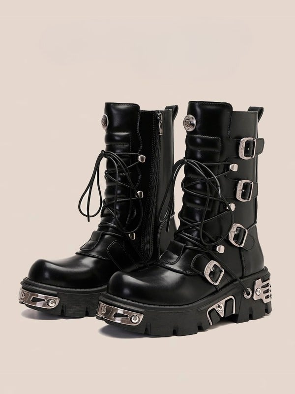 Punk Plates Black Mid-Calf Boots Platform Gothic - Fastening Metal Triple