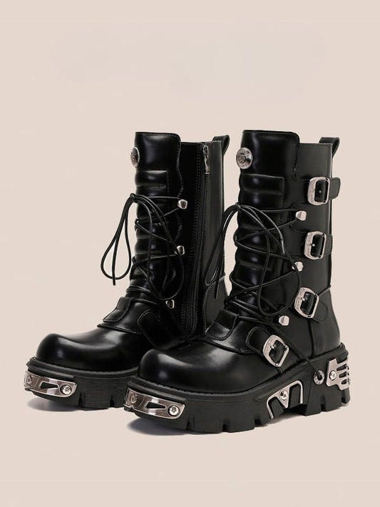 Punk Plates Black Mid-Calf Boots Platform Gothic - Fastening Metal Triple